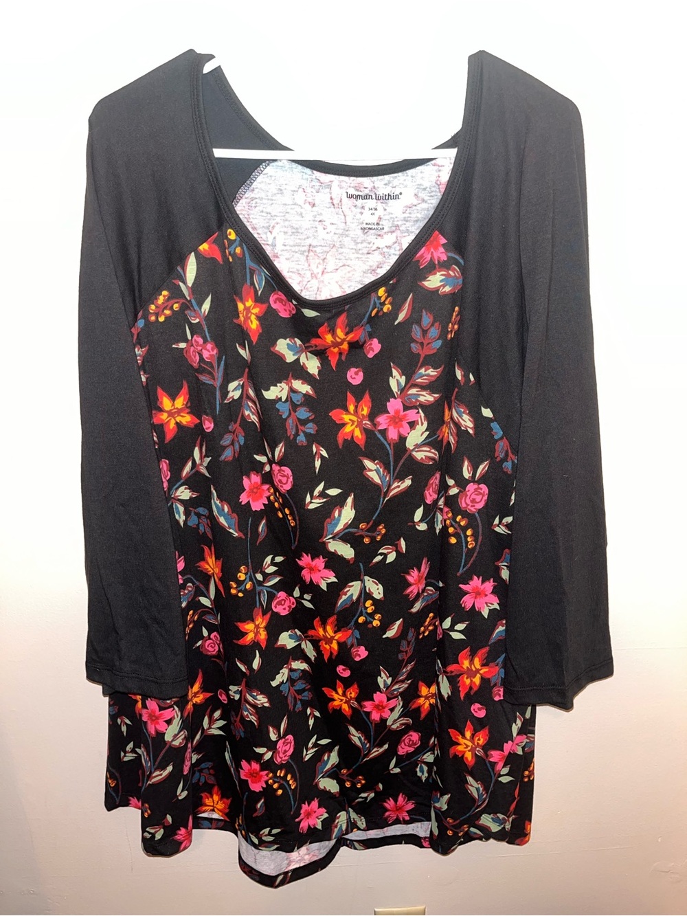 Woman Within Black Top 3/4 Raglan Sleeve Pink Floral Sz 4X NWT